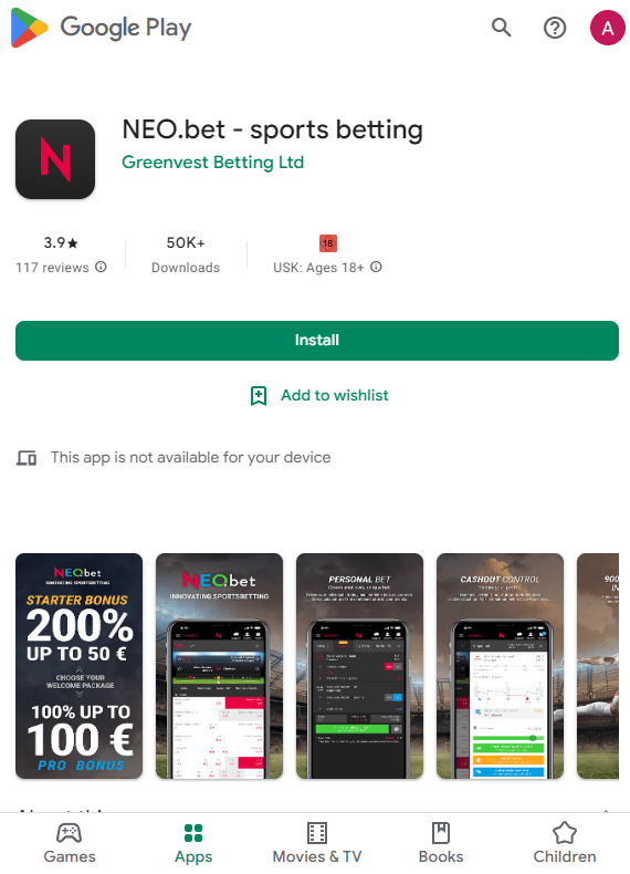Neo bet App im Google Play Store