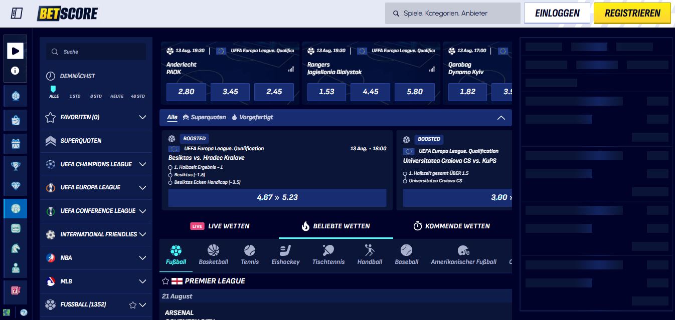 BetScore Sportwetten Menu